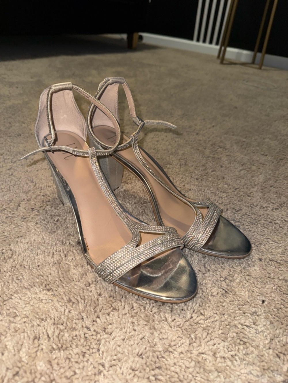 Metallic Silver T-Strap Rhinestone Heels - Picture 2 of 3